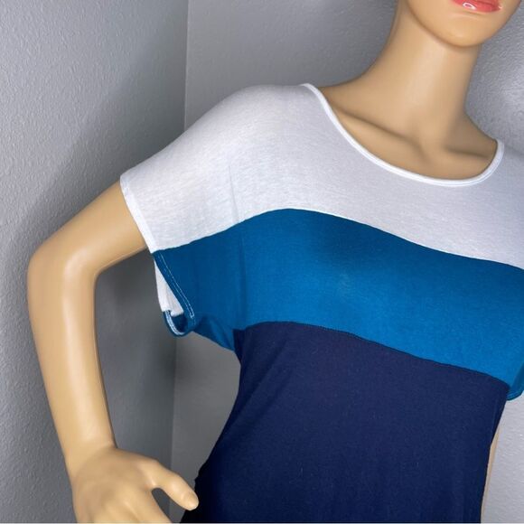 Love J Short Sleeve Color Block Striped Blouse Size Large Teal Navy Blue White - Picture 2 of 10
